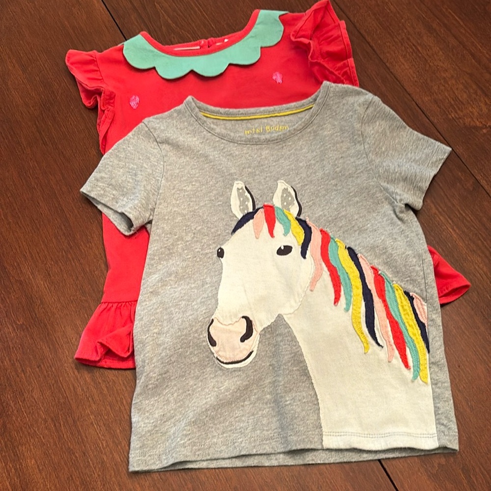 Two Mini Boden adorable shirts. Gray size 4-5, red strawberry size 5-6.